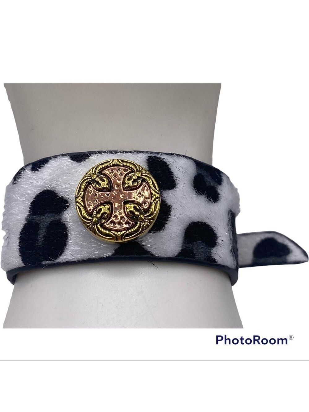 Fun Faux Cow Hide Snap Bracelet w/ Brass Colored Celtic Cross! Size: Small-Med